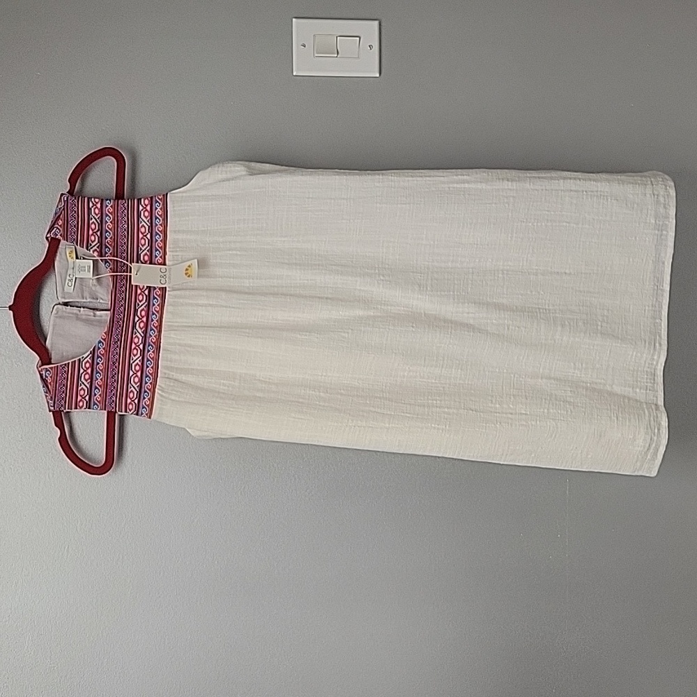 C & C California White Gauze Cotton Rainbow Embroidered Dress, sz XS